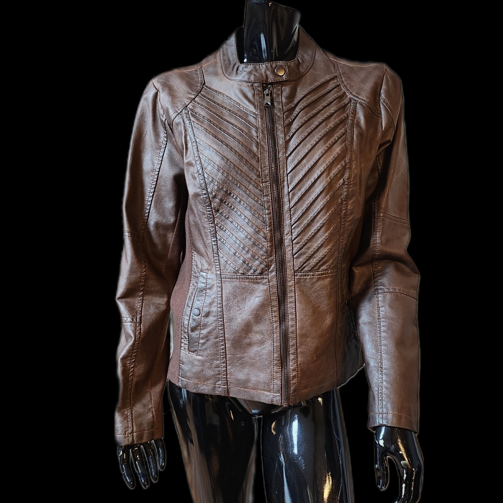 Faux Leather Motorcycle Jacket Brown Lg